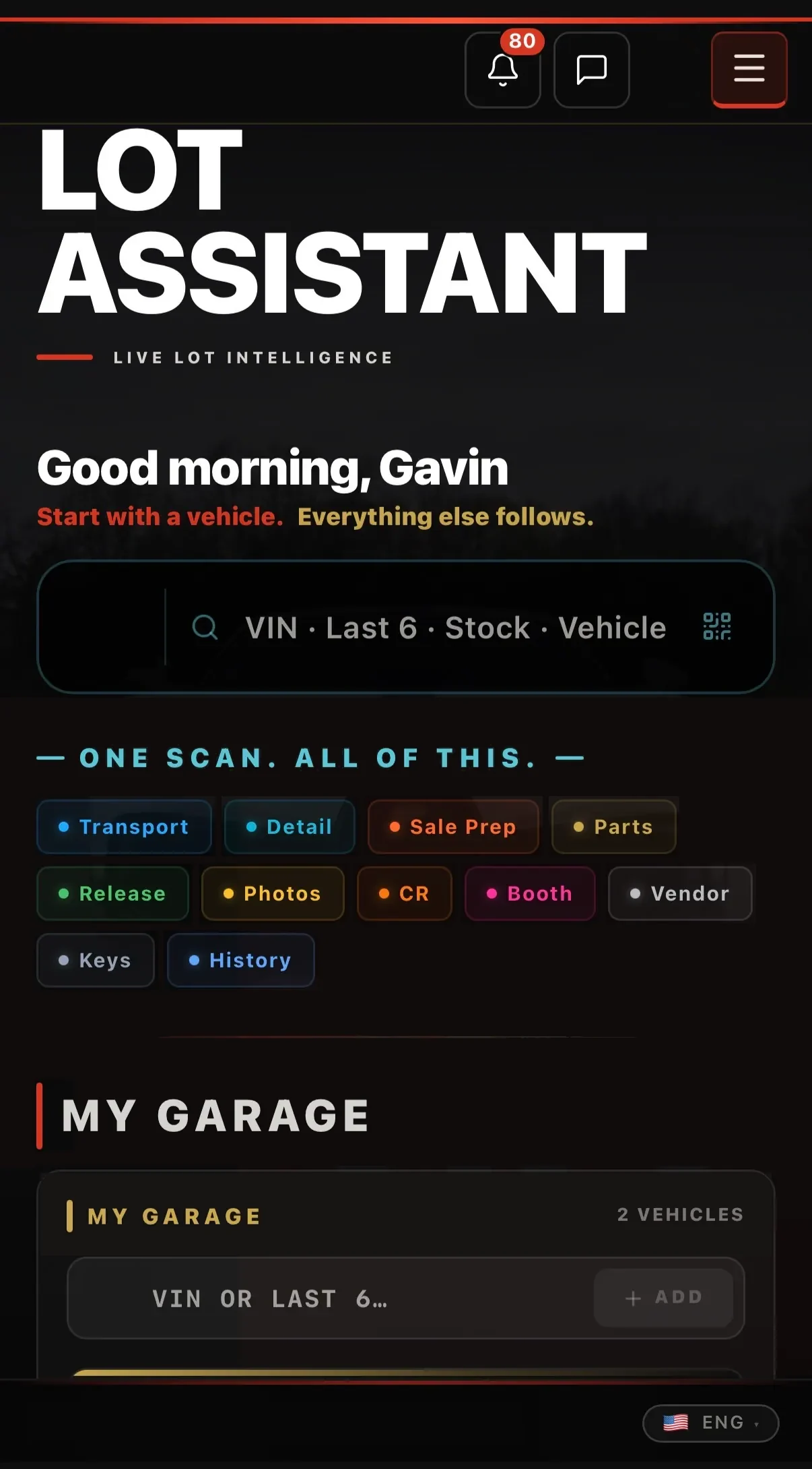 Lot Assistant on a phone: search by VIN, last six or stock number