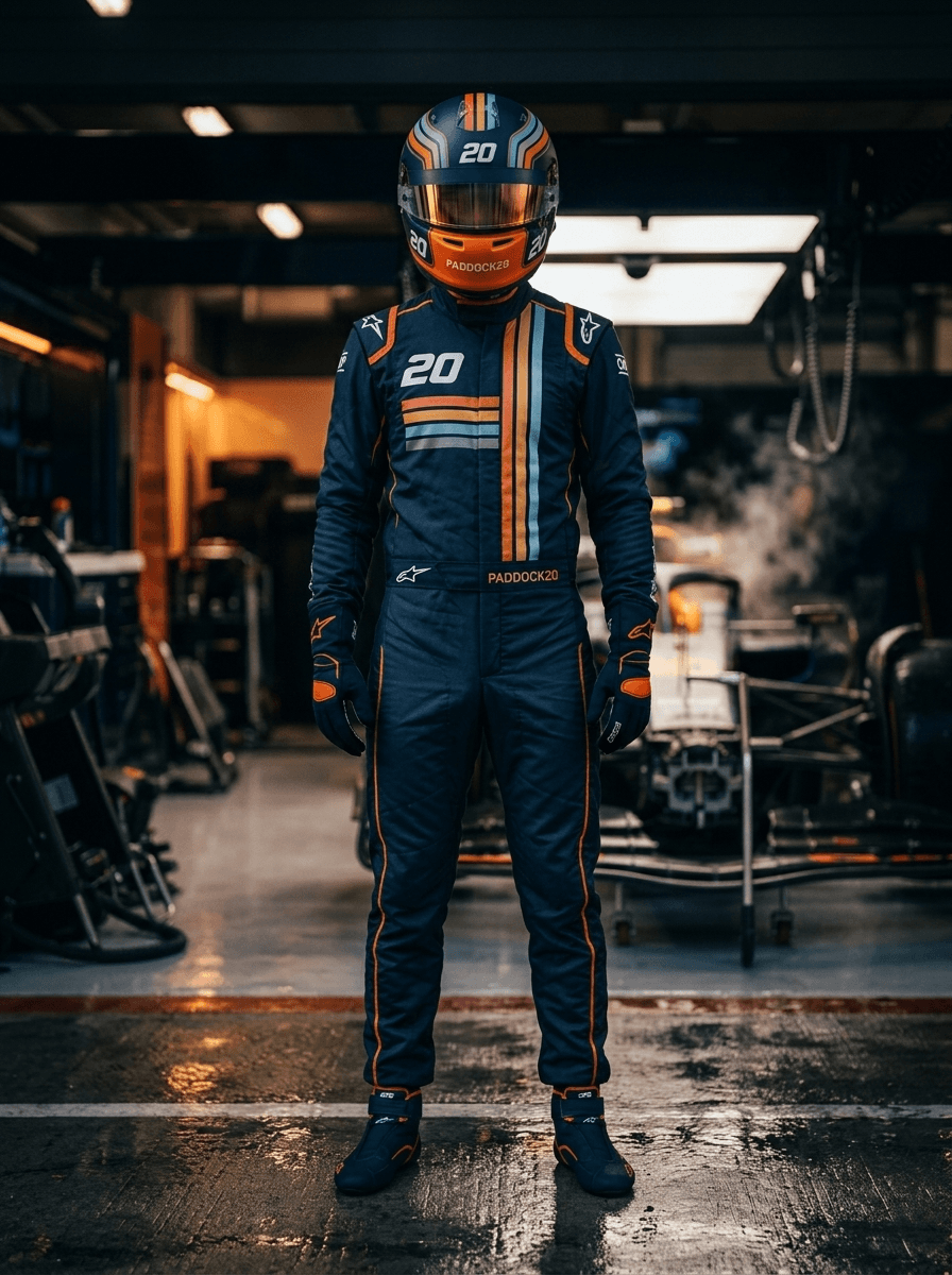 RAIL front — Paddock20 suit, #20 helmet, garage fire backdrop