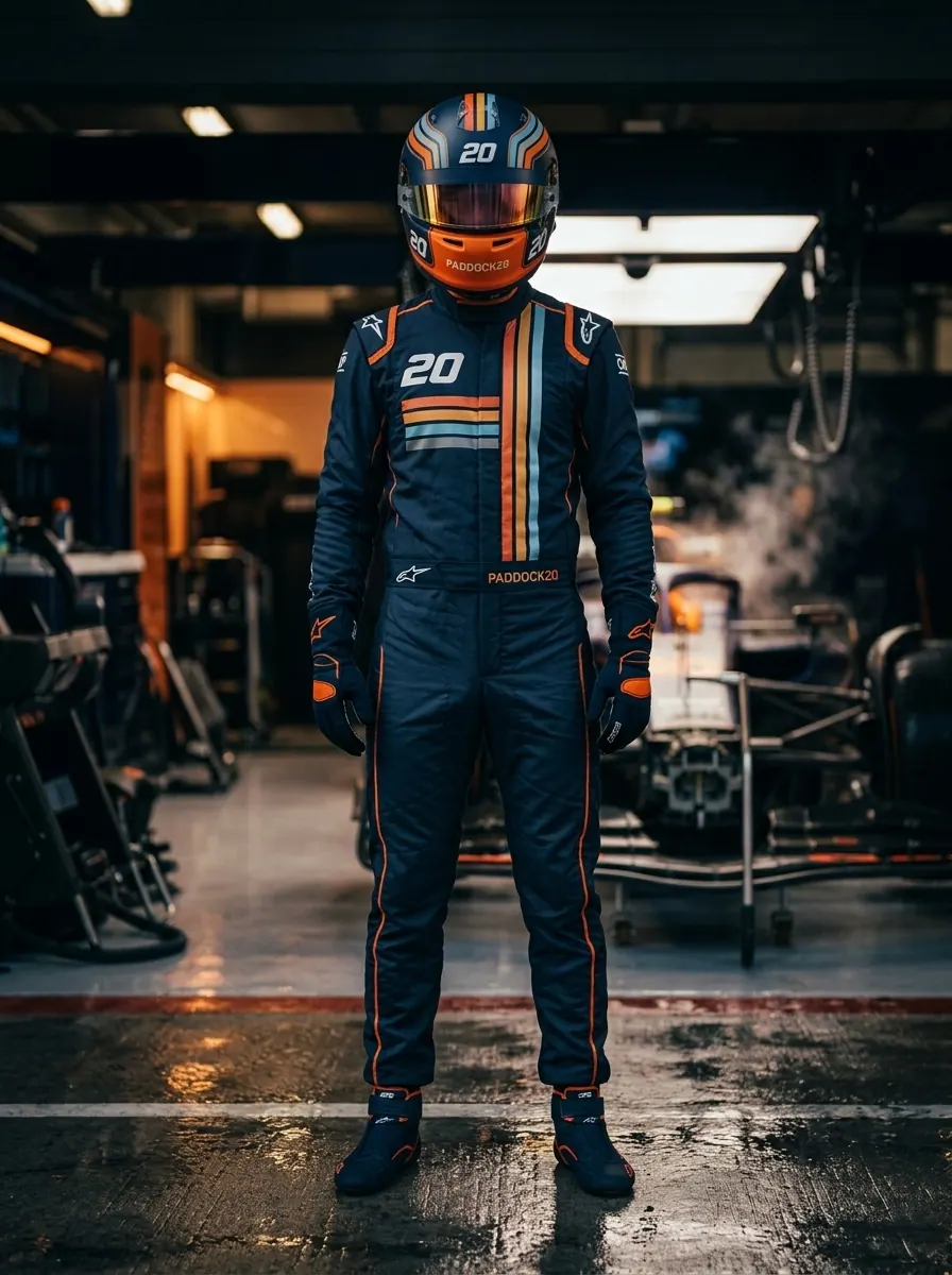 RAIL front — Paddock20 suit, #20 helmet, garage fire backdrop