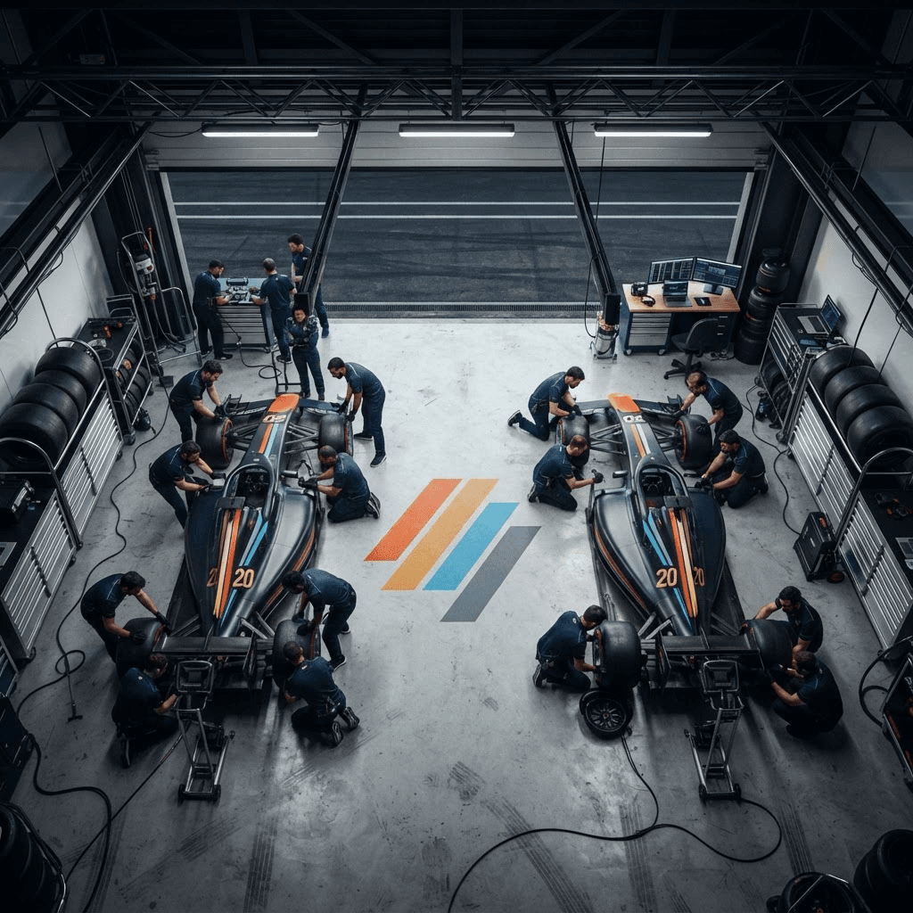 Aerial overhead view of the full Paddock20 garage and crew