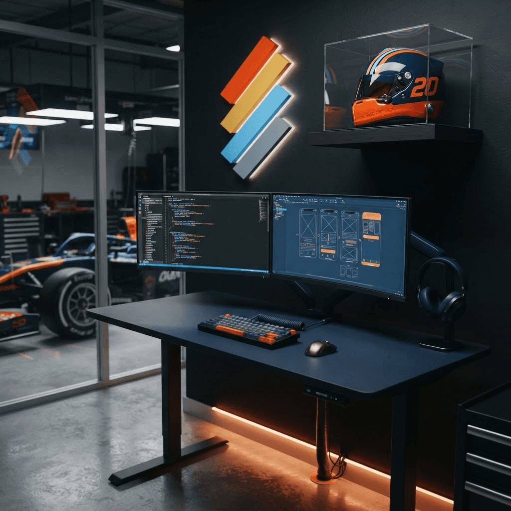 RAIL's build desk in the garage — dual monitors showing code and app UI, Paddock20 helmet on shelf