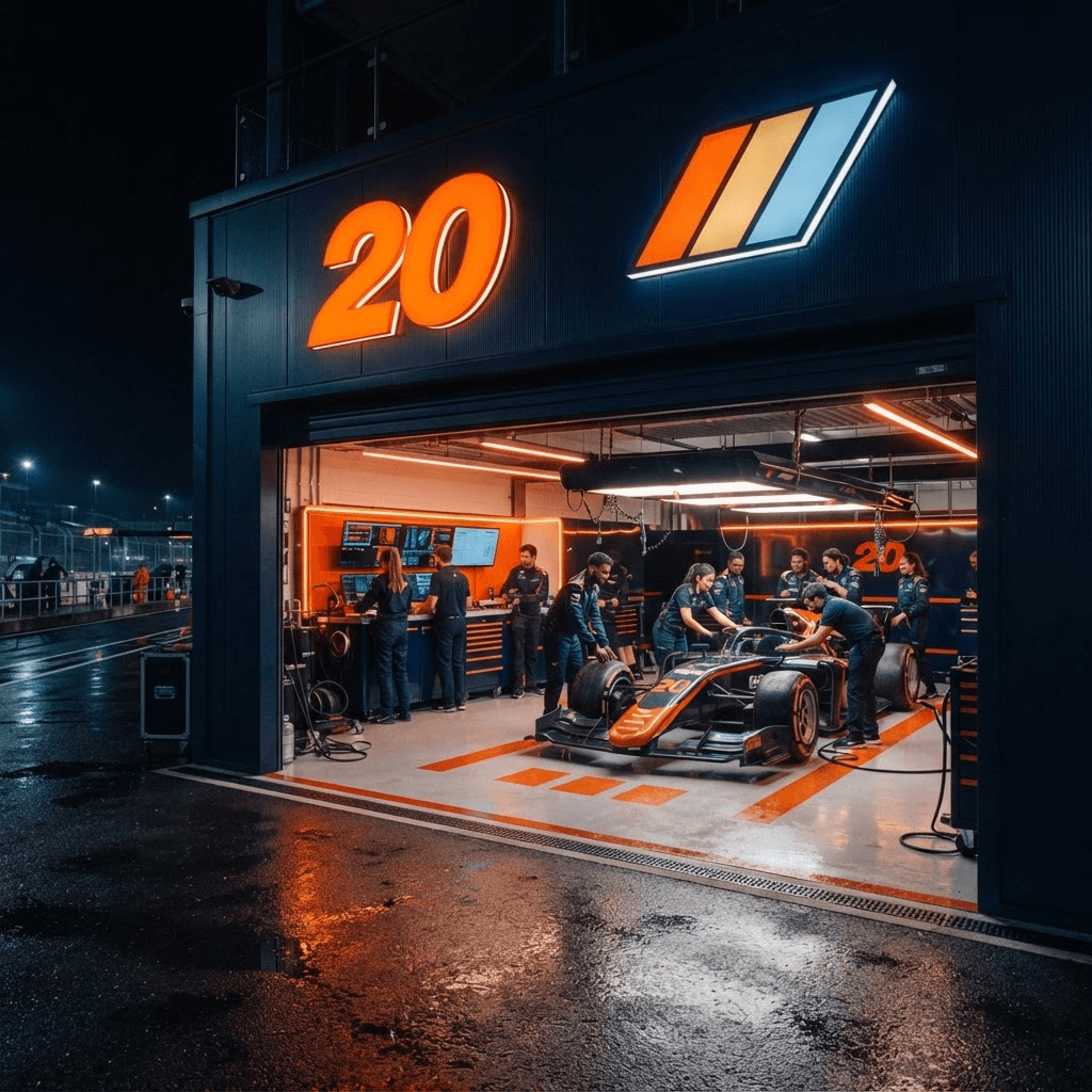 Paddock20 Garage at night, pit lane exterior