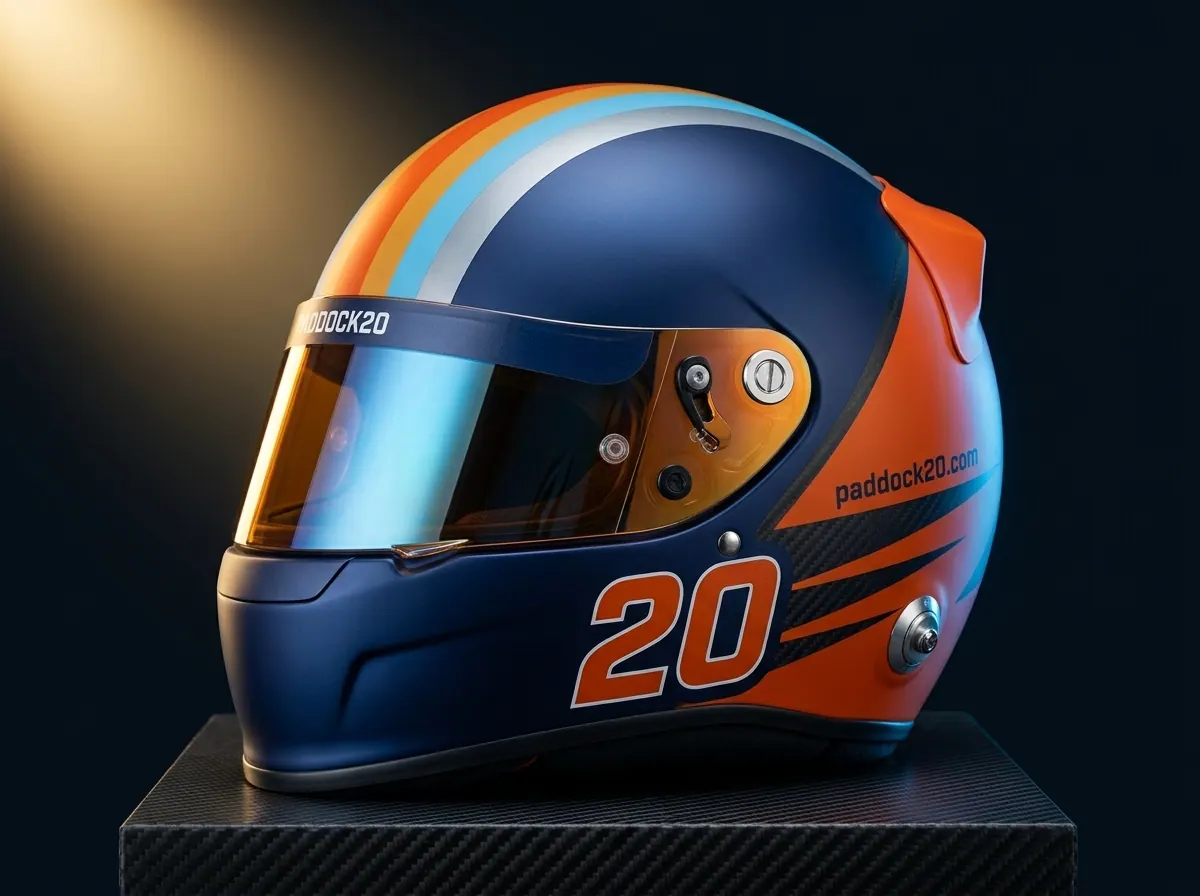 Paddock20 #20 helmet — orange navy four-stripe, gold mirror visor, paddock20.com