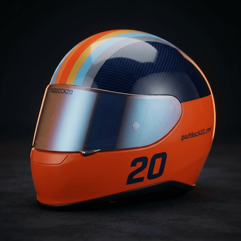 RAIL helmet — Paddock20 #20, IQ Orange blade, four speed stripes