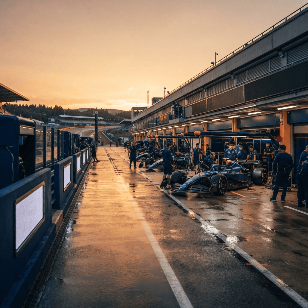 Pit lane at golden hour — Paddock20 shoots content on site