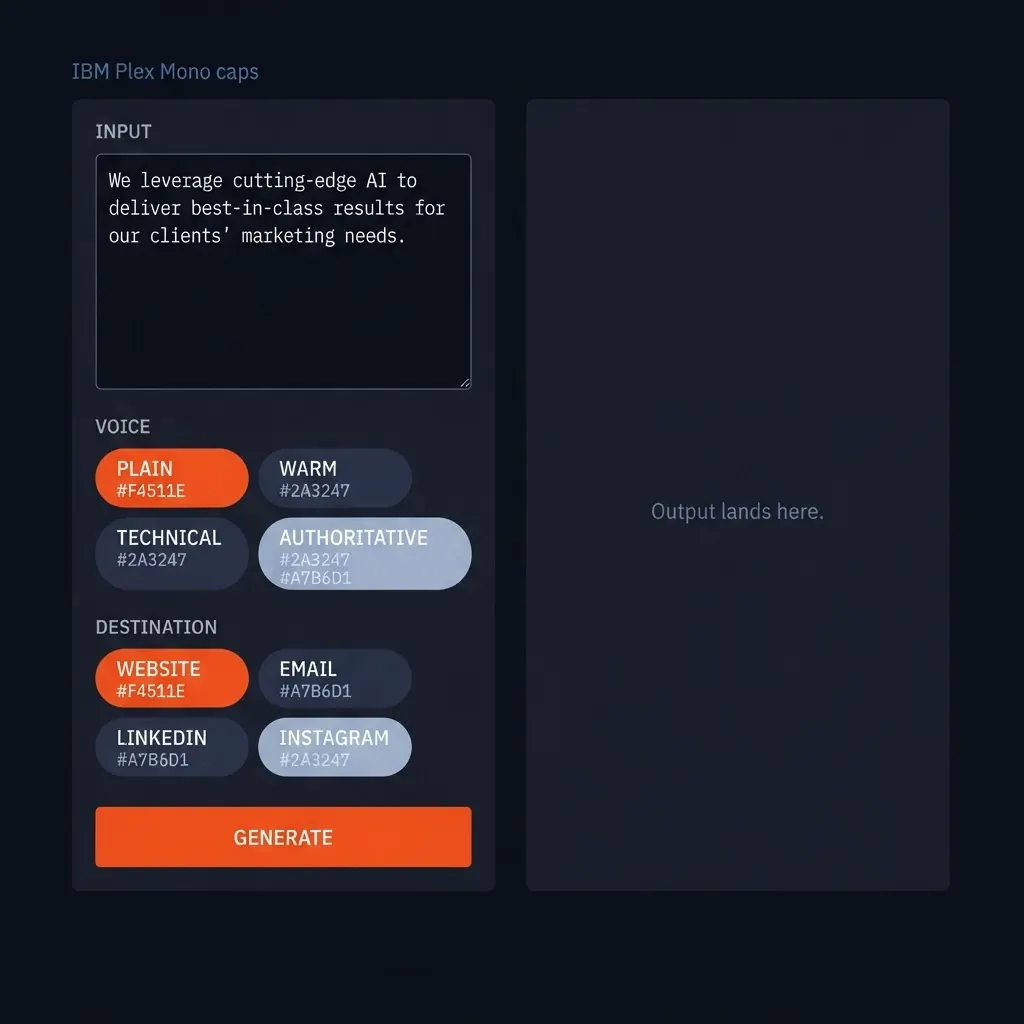 Drop in a draft and pick a voice. The same tool reads a landing page differently than a LinkedIn post.