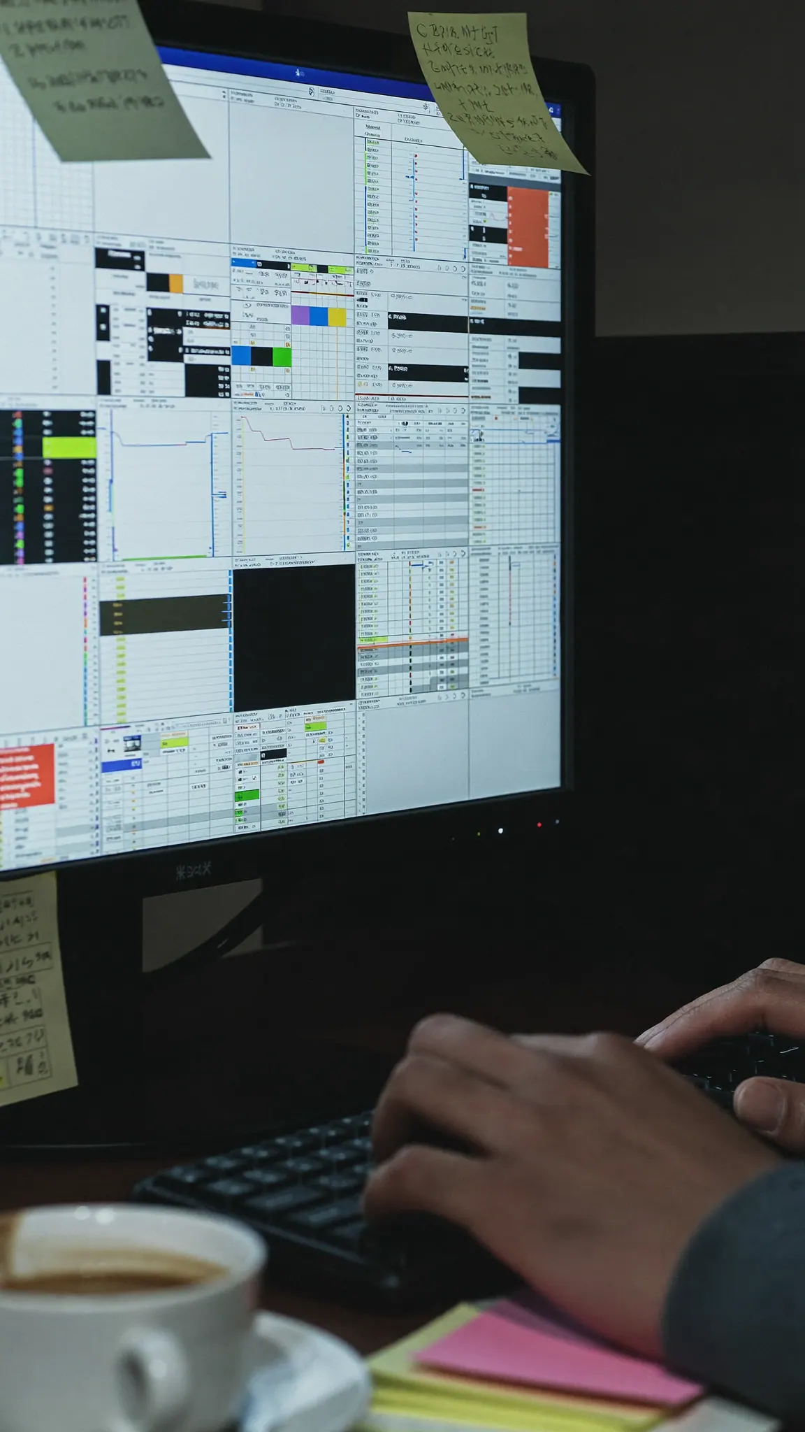 Late-night desk with spreadsheets and dashboards open across dual monitors