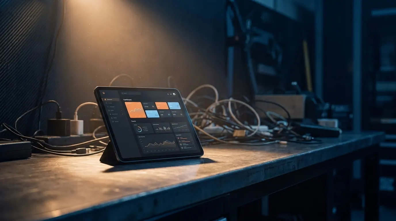 One tablet on a steel workbench under a single warm work light, a clean app UI glowing