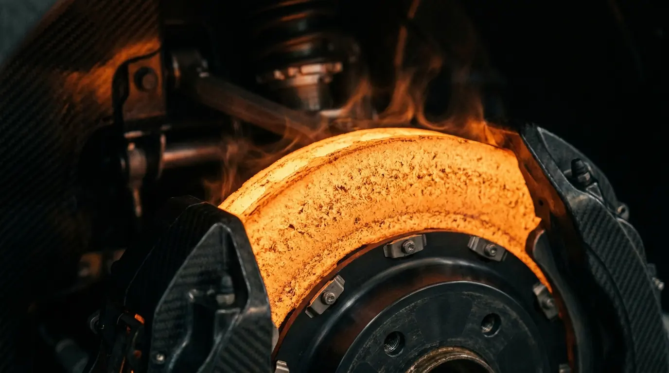 A carbon brake disc glowing after a hard stop: heat the system is built to take