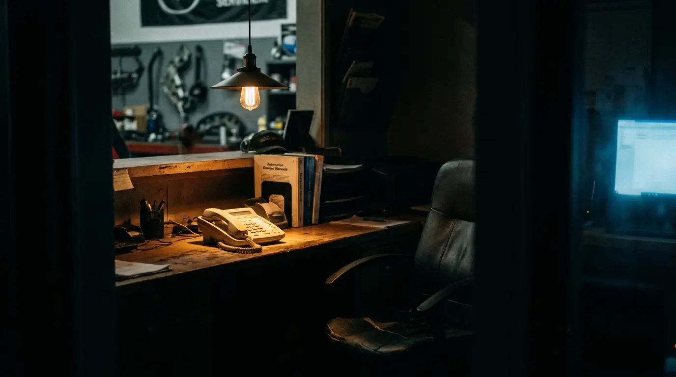 A phone glowing on an empty reception counter