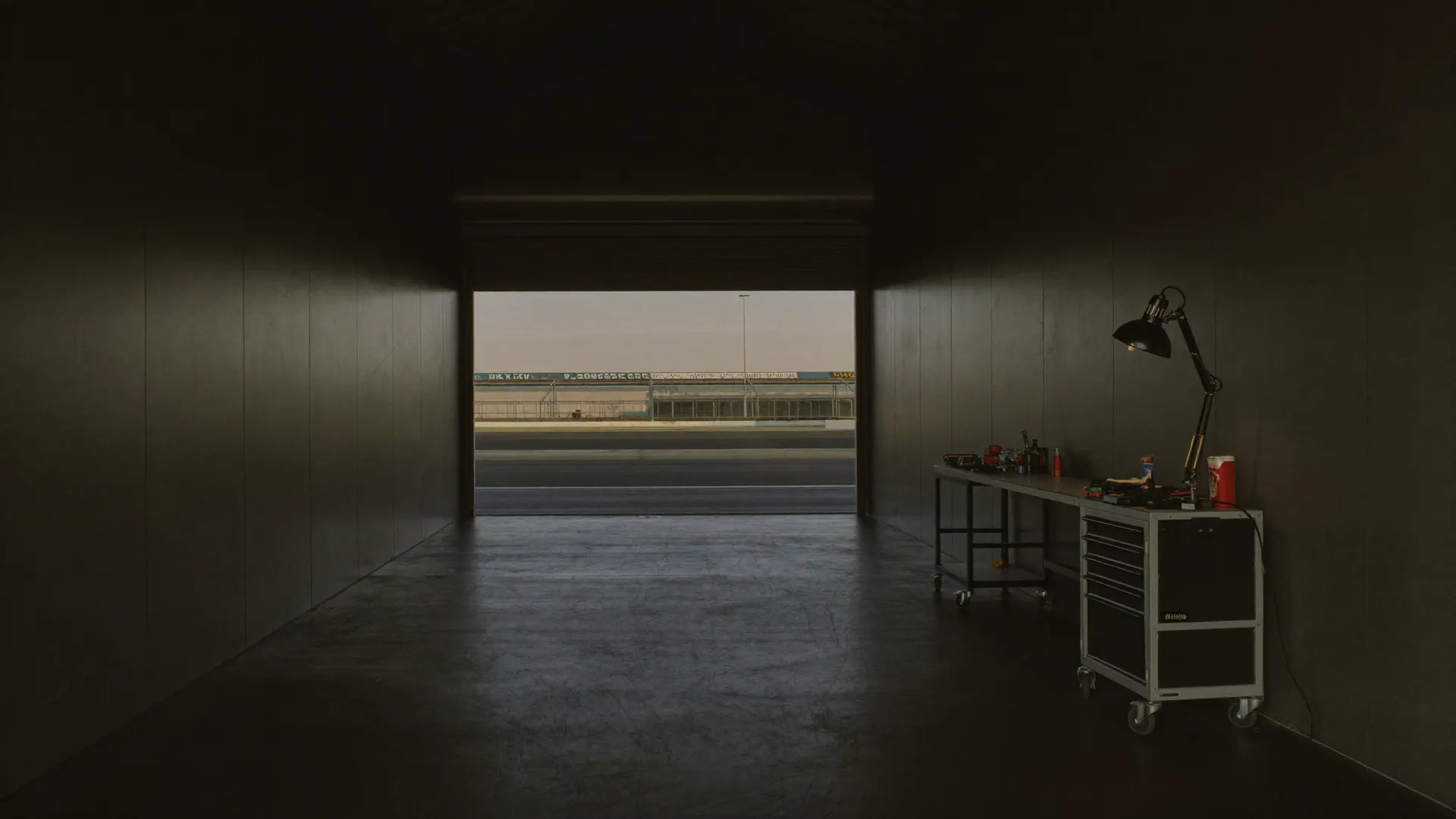 Empty race garage bay at dawn with an amber work lamp glowing over a steel workbench