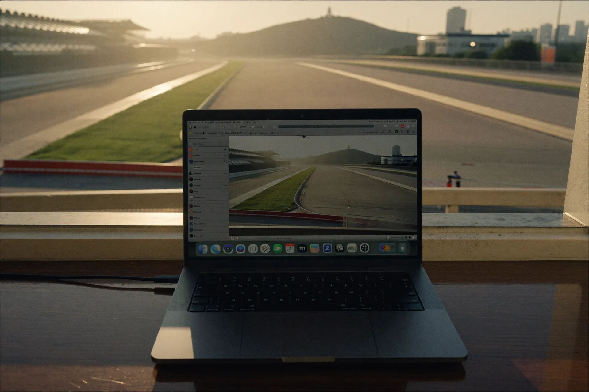 Laptop open on a pit wall overlooking an empty racetrack at golden hour