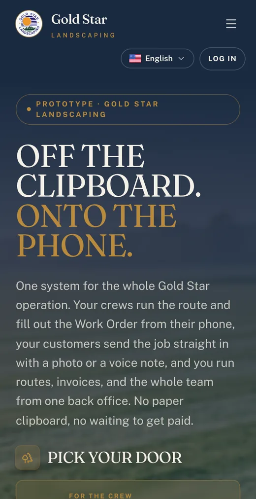 Gold Star Landscaping's start screen on a phone