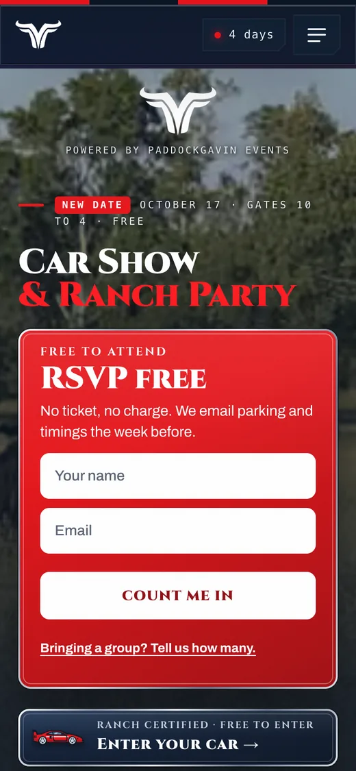 The Piston Powered Ranch home page on a phone