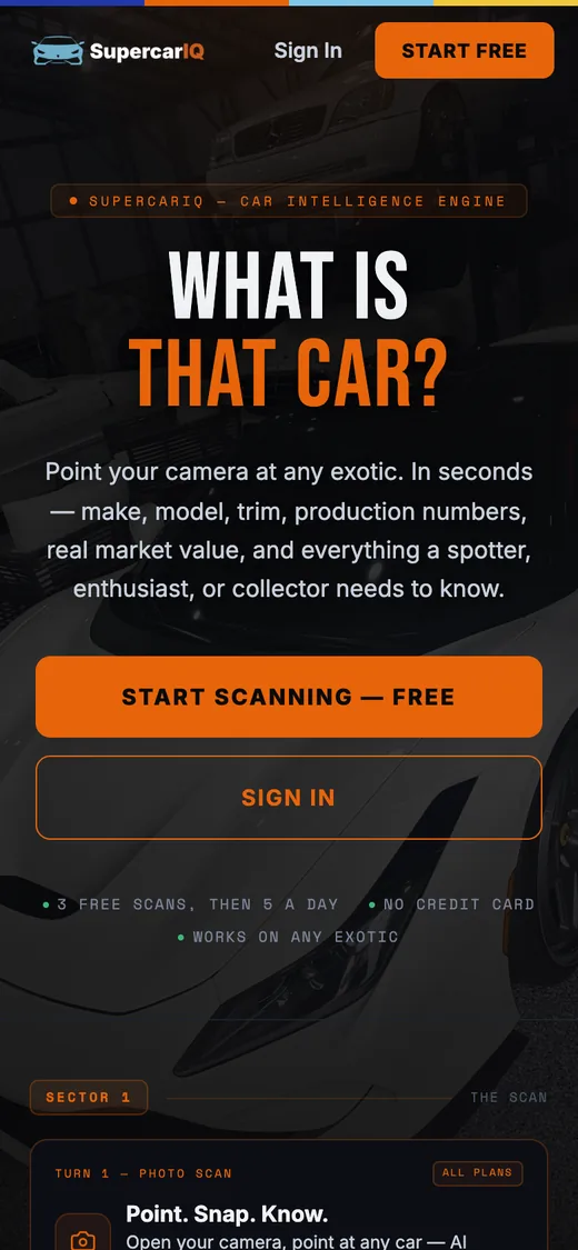 SupercarIQ's start screen on a phone