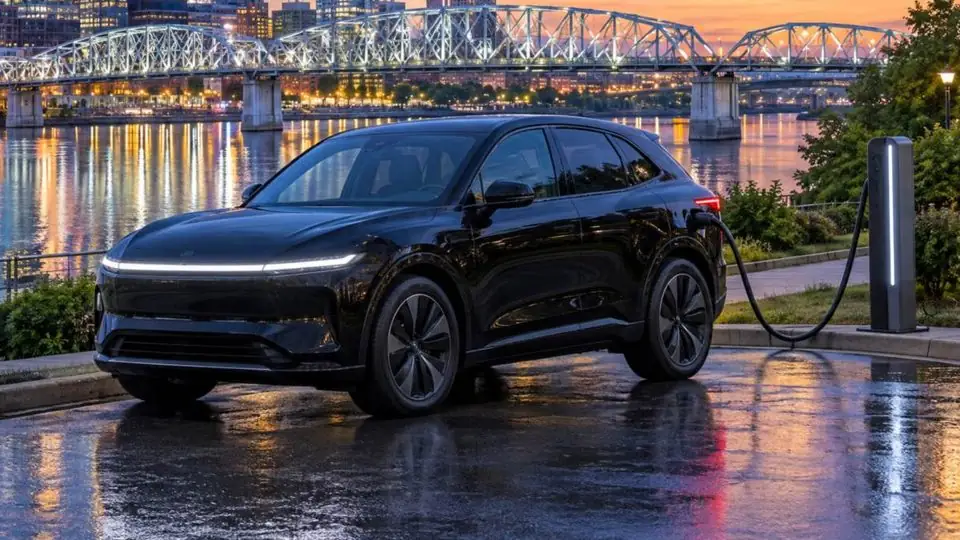 A Model Y charging at dusk