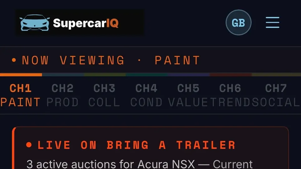 SupercarIQ on a phone: a car's chapters and an auction screen