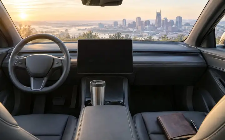 A notebook on the Model Y's console