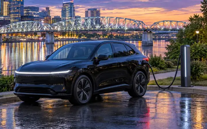 The Model Y at dusk, beside a public charger